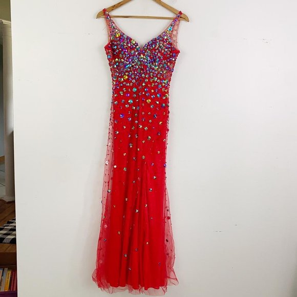 MORI LEE red beaded v neck formal maxi dress - Picture 1 of 7